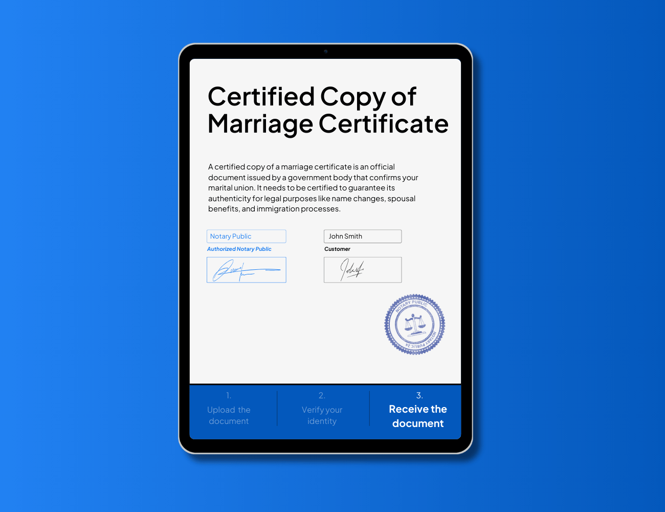 Close-up image of a certified copy of a marriage certificate with official seal.