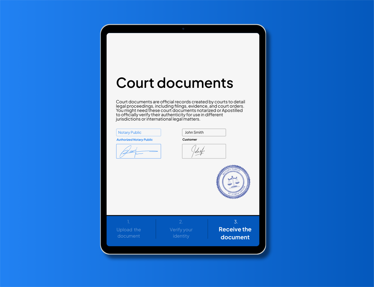 Digital interface showing notarized court documents with official notary seal. Secure and quick court document Apostille and notarization online via NotaryPublic24.