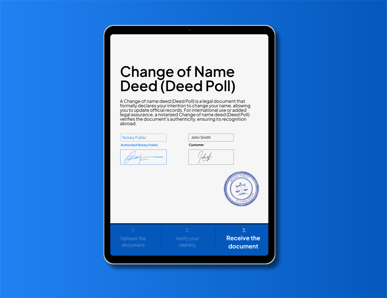 Digital Change of Name Deed (Deed Poll) form displayed on tablet with notary and customer signatures, showing steps for online notarization through NotaryPublic24.com.
