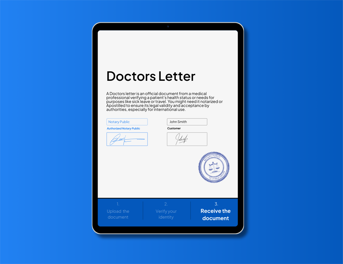 Notarized doctors letter displayed on a tablet with official notary seal. Fast and secure online Apostille and notarization service for medical documents including health verification letters.